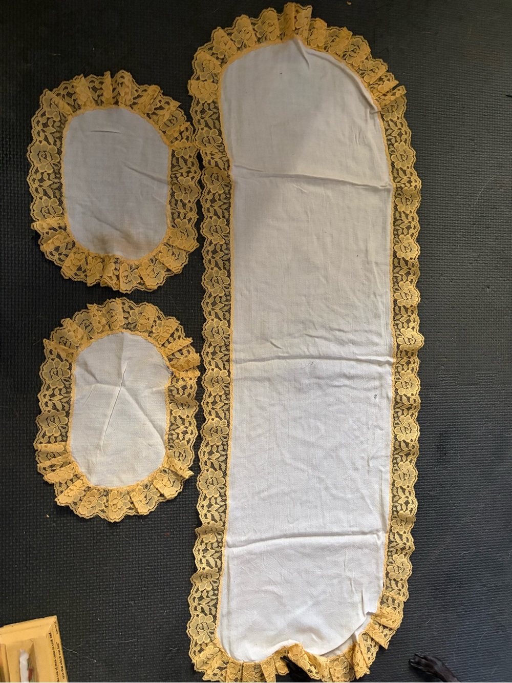 White and Gold Lace Trim Table Runner and Placemats Set